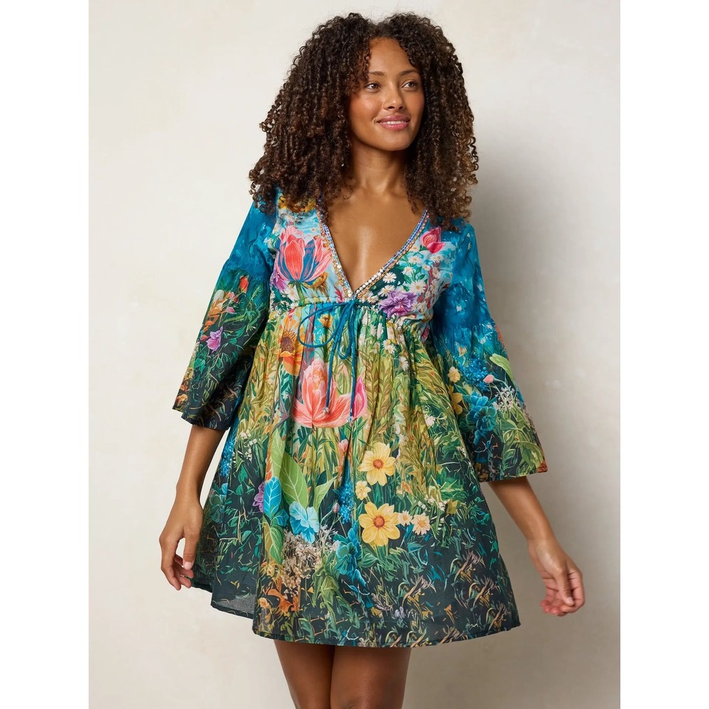 Natural Life Isabella Mini Dress Womens Large Blue Whimsical Garden Cotton Boho